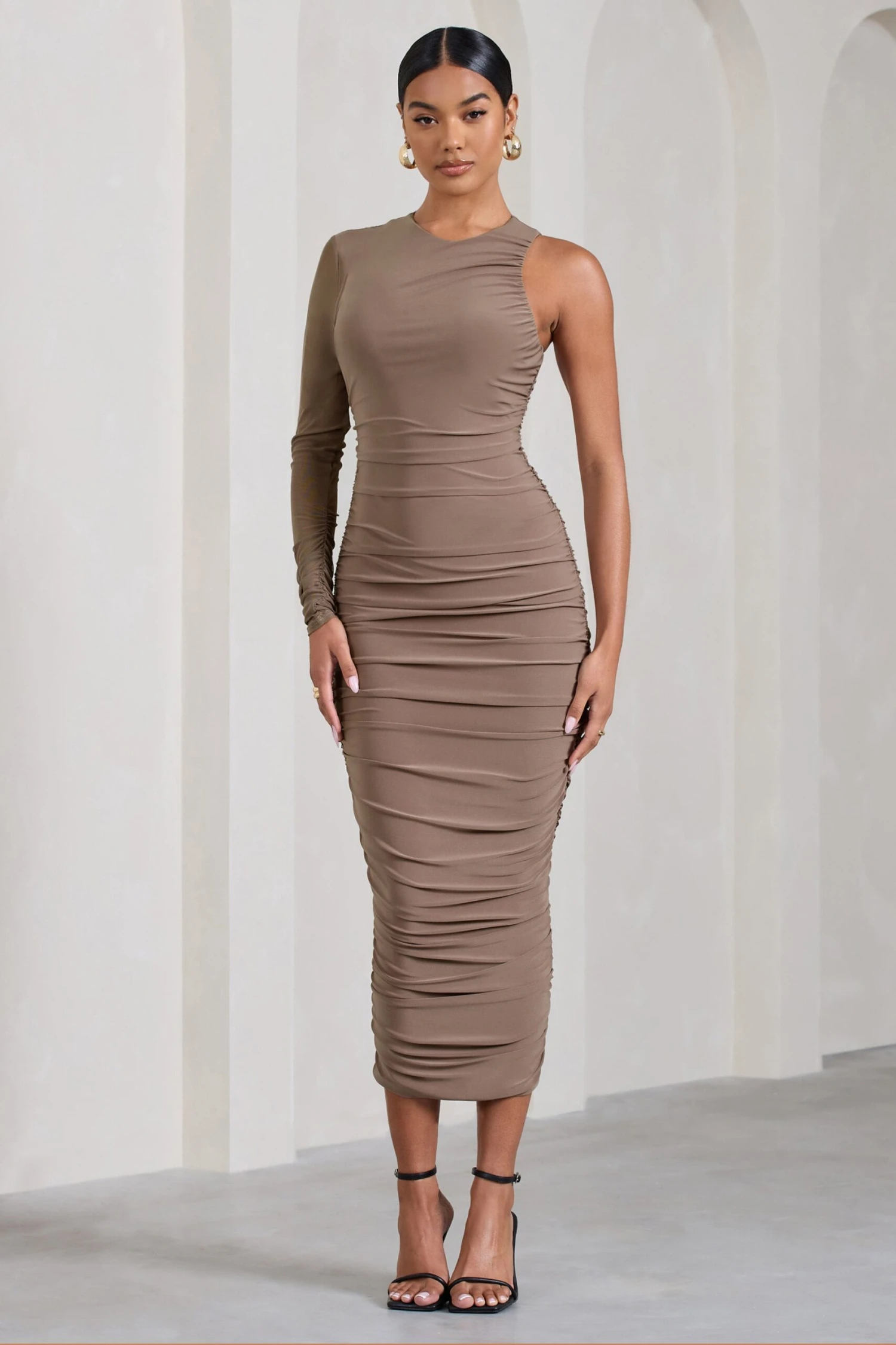 Luciene | Mocha Ruched Asymmetric Bodycon Midi Dress With Sheer Sleeve 6 Luciene | Mocha Ruched Asymmetric Bodycon Midi Dress With Sheer Sleeve - Image 4