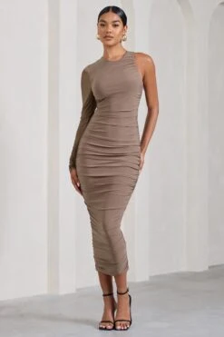 Luciene | Mocha Ruched Asymmetric Bodycon Midi Dress With Sheer Sleeve 11 Luciene | Mocha Ruched Asymmetric Bodycon Midi Dress With Sheer Sleeve -Sangyong Store WB CL128837038 Luciene MochaRuchedAsymmetricBodyconMidiDressWithSheerSleeve2