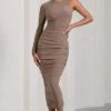 Luciene | Mocha Ruched Asymmetric Bodycon Midi Dress With Sheer Sleeve 2 Luciene | Mocha Ruched Asymmetric Bodycon Midi Dress With Sheer Sleeve -Sangyong Store WB CL128837038 Luciene MochaRuchedAsymmetricBodyconMidiDressWithSheerSleeve3