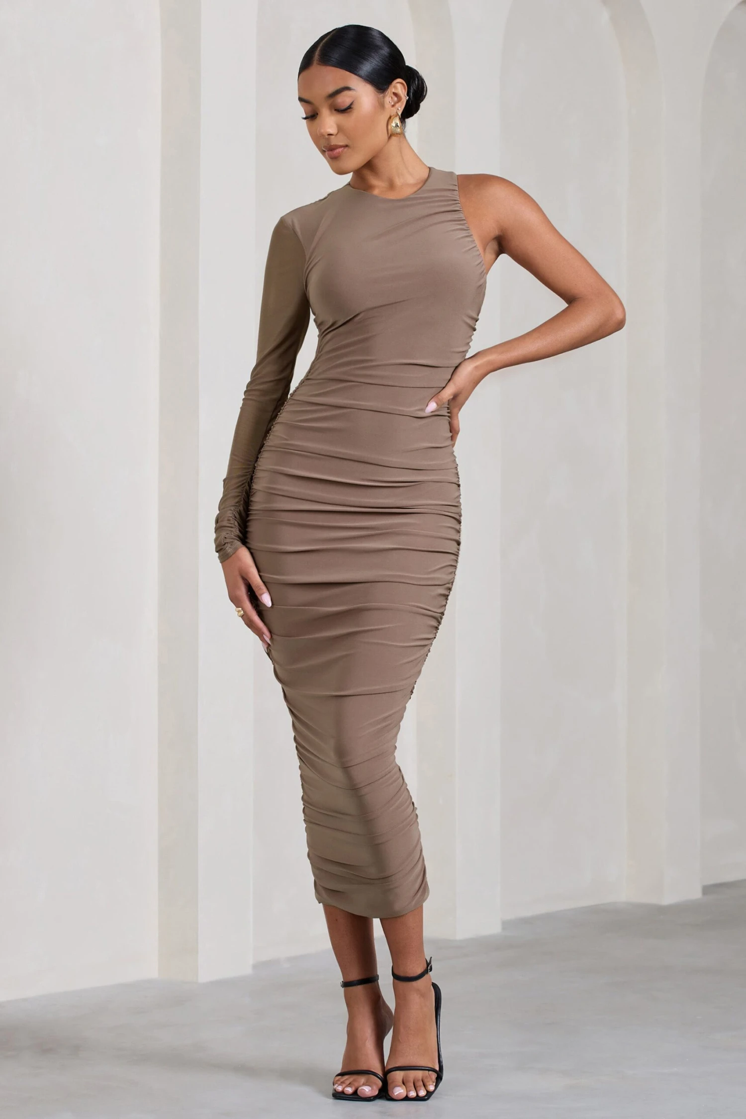 Luciene | Mocha Ruched Asymmetric Bodycon Midi Dress With Sheer Sleeve 3 Luciene | Mocha Ruched Asymmetric Bodycon Midi Dress With Sheer Sleeve