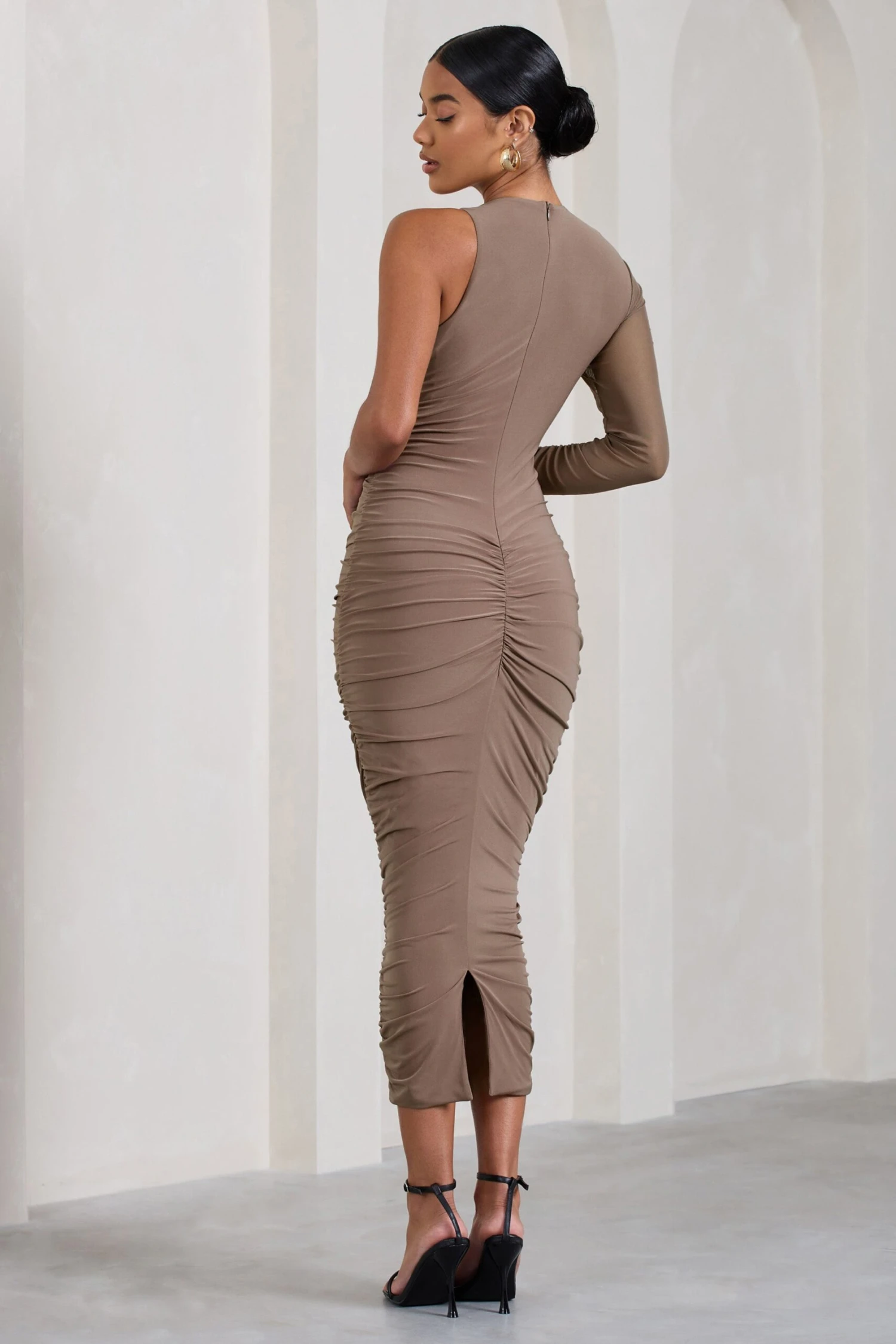 Luciene | Mocha Ruched Asymmetric Bodycon Midi Dress With Sheer Sleeve 4 Luciene | Mocha Ruched Asymmetric Bodycon Midi Dress With Sheer Sleeve - Image 2