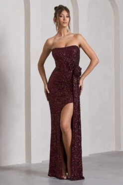 Alexandria | Burgundy Sequin Corset Maxi Dress With Flowers -Sangyong Store WB CL128843158 AlexandriaBurgundySequinCorsetMaxiDressWithFlowers1
