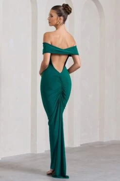 Vivienne | Bottle Green Bardot Open-Back Maxi Dress -Sangyong Store WB CL128862047 VivienneBottleGreenBardotOpen BackMaxiDress6