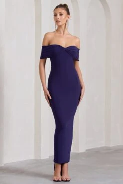 Vivienne | Blackberry Bardot Open-Back Maxi Dress