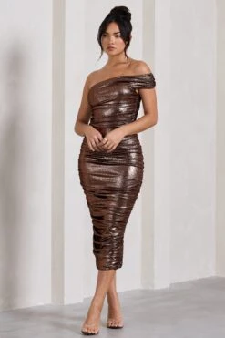 Alma | Bronze Asymmetric Ruched Bodycon Midi Dress -Sangyong Store WB CL128869021 AlmaBronzeAsymmetricRuchedBodyconMidiDress5