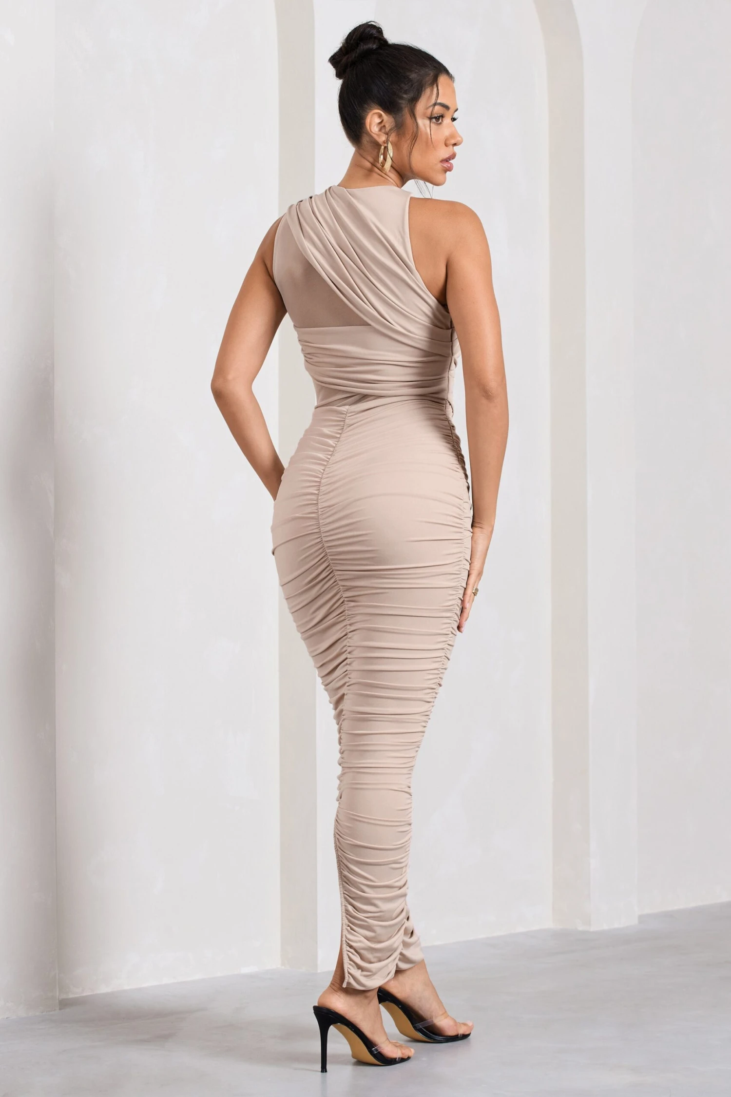 Born With It | Champagne Sleeveless High-Neck Draped Maxi Dress With Mesh Inserts 4 Born With It | Champagne Sleeveless High-Neck Draped Maxi Dress With Mesh Inserts - Image 2
