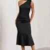 Golden Girl | Black Satin Asymmetric High-Neck Flared Midi Dress 2 Golden Girl | Black Satin Asymmetric High-Neck Flared Midi Dress -Sangyong Store WB CL128878002 GoldenGirlBlackSatinAsymmetricHigh NeckFlaredMidiDress3