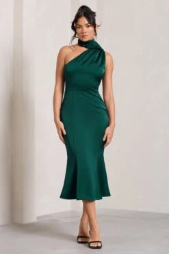 Golden Girl | Bottle Green Satin Asymmetric High-Neck Flared Midi Dress -Sangyong Store WB CL128878047 GoldenGirl BottleGreenSatinAsymmetricHigh NeckFlaredMidiDress3