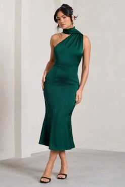 Golden Girl | Bottle Green Satin Asymmetric High-Neck Flared Midi Dress -Sangyong Store WB CL128878047 GoldenGirl BottleGreenSatinAsymmetricHigh NeckFlaredMidiDress5