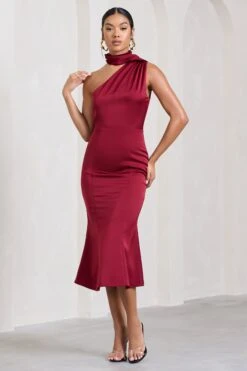 Golden Girl | Burgundy Satin Asymmetric High-Neck Flared Midi Dress -Sangyong Store WB CL128878069 GoldenGirlBurgundySatinAsymmetricHigh NeckFlaredMidiDress0