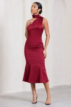 Golden Girl | Burgundy Satin Asymmetric High-Neck Flared Midi Dress -Sangyong Store WB CL128878069 GoldenGirlBurgundySatinAsymmetricHigh NeckFlaredMidiDress1