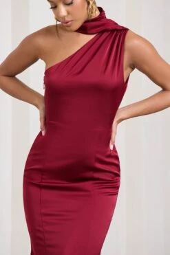 Golden Girl | Burgundy Satin Asymmetric High-Neck Flared Midi Dress -Sangyong Store WB CL128878069 GoldenGirlBurgundySatinAsymmetricHigh NeckFlaredMidiDress3