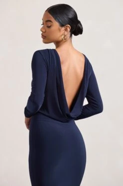 Dynasty Darling | Navy Cowl-Back Long-Sleeved Bodycon Midi Dress -Sangyong Store WB CL128880015 DynastyDarling NavyCowl NeckLong SleevedBodyconMidiDress8