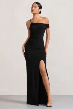 On Film | Black Asymmetric Strappy Split Maxi Dress