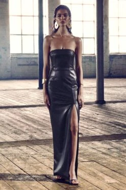 Marlene | Black Faux Leather Strapless Bandeau Split Maxi Dress 13 Marlene | Black Faux Leather Strapless Bandeau Split Maxi Dress -Sangyong Store WB CL128890002 MarleneBlackFauxLeatherStraplessBandeauSplitMaxiDress HERO