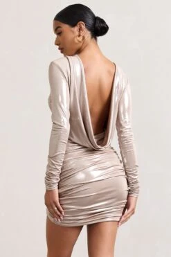Our Star | Gold Metallic Cowl-Back Long-Sleeved Bodycon Mini Dress