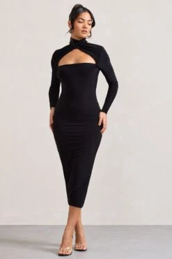 High Hopes | Black Halter-Neck Long-Sleeved Bodycon Midi Dress -Sangyong Store WB CL128893002 HighHopesBlackHalter NeckLong SleevedBodyconMidiDress1