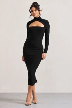 High Hopes | Black Halter-Neck Long-Sleeved Bodycon Midi Dress -Sangyong Store WB CL128893002 HighHopesBlackHalter NeckLong SleevedBodyconMidiDress2