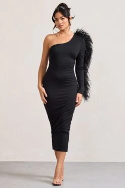 Wild One | Black One-Shoulder Bodycon Midi Dress With Feather-Trimmed Sleeve -Sangyong Store WB CL128897002 WildOneBlackAsymmetricBodyconMidiDressWithFeather TrimmedSleeve1
