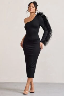Wild One | Black One-Shoulder Bodycon Midi Dress With Feather-Trimmed Sleeve -Sangyong Store WB CL128897002 WildOneBlackAsymmetricBodyconMidiDressWithFeather TrimmedSleeve3