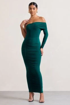 Afterparty | Bottle Green Ruched Asymmetric Bodycon Maxi Dress -Sangyong Store WB CL128901047 AfterpartyBottleGreenRuchedAsymmetricBodyconMaxiDress1