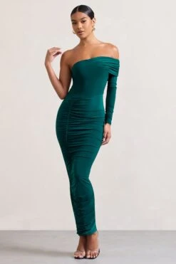 Afterparty | Bottle Green Ruched Asymmetric Bodycon Maxi Dress -Sangyong Store WB CL128901047 AfterpartyBottleGreenRuchedAsymmetricBodyconMaxiDress2