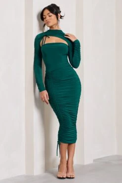 Eveline | Bottle Green Ruched High-Neck Long-Sleeved Bodycon Midi Dress -Sangyong Store WB CL128902047 Eveline BottleGreenRuchedHigh NeckLong SleevedBodyconMidiDress1