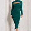 Eveline | Bottle Green Ruched High-Neck Long-Sleeved Bodycon Midi Dress -Sangyong Store WB CL128902047 Eveline BottleGreenRuchedHigh NeckLong SleevedBodyconMidiDress2