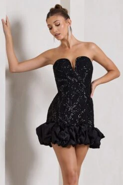 Nadia | Black Sequin Strapless Mini Dress With Ruffle Trim -Sangyong Store WB CL128916002 NadiaBlackSequinStraplessMiniDressWithRuffleTrim1