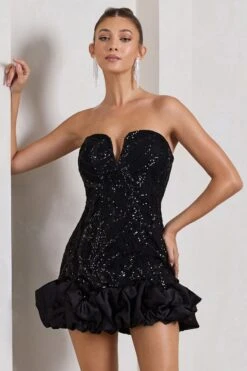 Nadia | Black Sequin Strapless Mini Dress With Ruffle Trim -Sangyong Store WB CL128916002 NadiaBlackSequinStraplessMiniDressWithRuffleTrim4