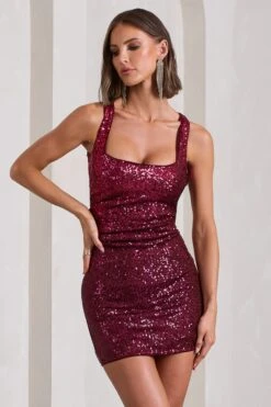 Glimmer | Plum Sequin Open-Back Bodycon Mini Dress -Sangyong Store WB CL128929163 GlimmerPlumSequinOpen BackBodyconMiniDress4