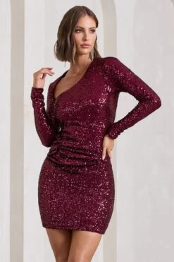 Rising Star | Burgundy Sequin Long-Sleeved Twisted Mini Dress -Sangyong Store WB CL128930158 RisingStarBurgundySequinLong SleevedTwistedMiniDress4