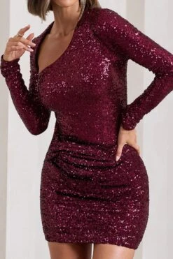 Rising Star | Burgundy Sequin Long-Sleeved Twisted Mini Dress -Sangyong Store WB CL128930158 RisingStarBurgundySequinLong SleevedTwistedMiniDress5