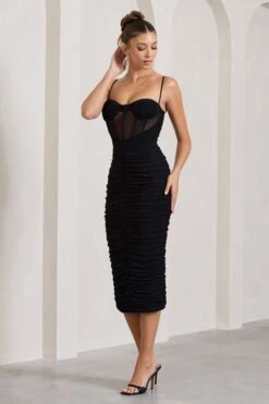 Inviting | Black Ruched Corset Midi Dress -Sangyong Store WB CL128933002 InvitingBlackRuchedMidiDress3