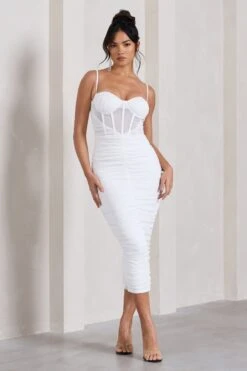 Inviting | White Ruched Corset Midi Dress -Sangyong Store WB CL128933005 InvitingWhiteRuchedMidiDress2