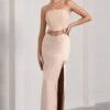 Champagne Showers | Nude Satin Strapless Split Maxi Dress 1 Champagne Showers | Nude Satin Strapless Split Maxi Dress -Sangyong Store WB CL128940030 ChampagneShowersNudeSatinStraplessSplitMaxiDress0