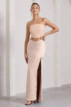 Champagne Showers | Nude Satin Strapless Split Maxi Dress