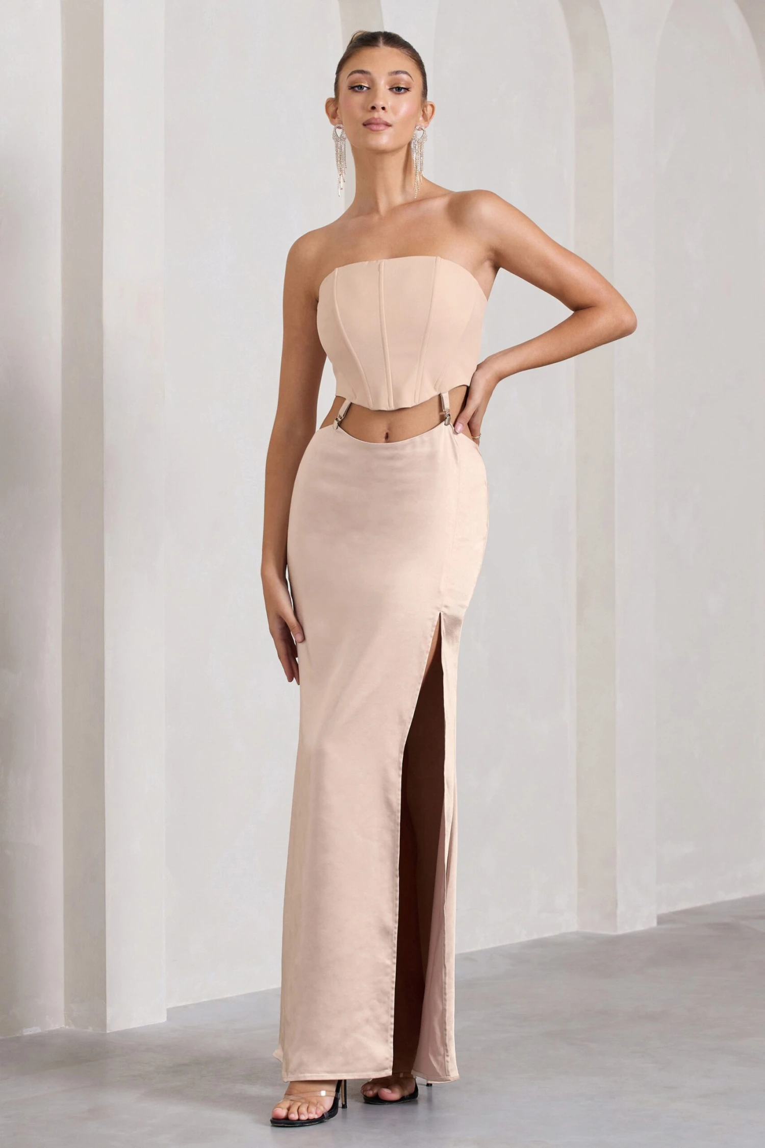 Champagne Showers | Nude Satin Strapless Split Maxi Dress 3 Champagne Showers | Nude Satin Strapless Split Maxi Dress