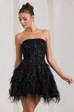 Little Wish | Black Sequin Lace Strapless Mini Dress With Feathers -Sangyong Store WB CL128966002 LittleWishBlackSequinLaceStraplessMiniDressWithFeathers2 9ef1c5ae 7234 4623 b4f2 1076eaad3933