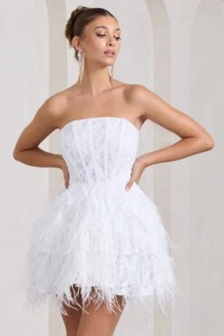 Little Wish | White Sequin Lace Strapless Mini Dress With Feathers -Sangyong Store WB CL128966005 LittleWishWhiteSequinLaceStraplessMiniDressWithFeathers2