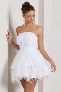 Little Wish | White Sequin Lace Strapless Mini Dress With Feathers -Sangyong Store WB CL128966005 LittleWishWhiteSequinLaceStraplessMiniDressWithFeathers4