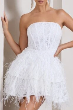 Little Wish | White Sequin Lace Strapless Mini Dress With Feathers -Sangyong Store WB CL128966005 LittleWishWhiteSequinLaceStraplessMiniDressWithFeathers5
