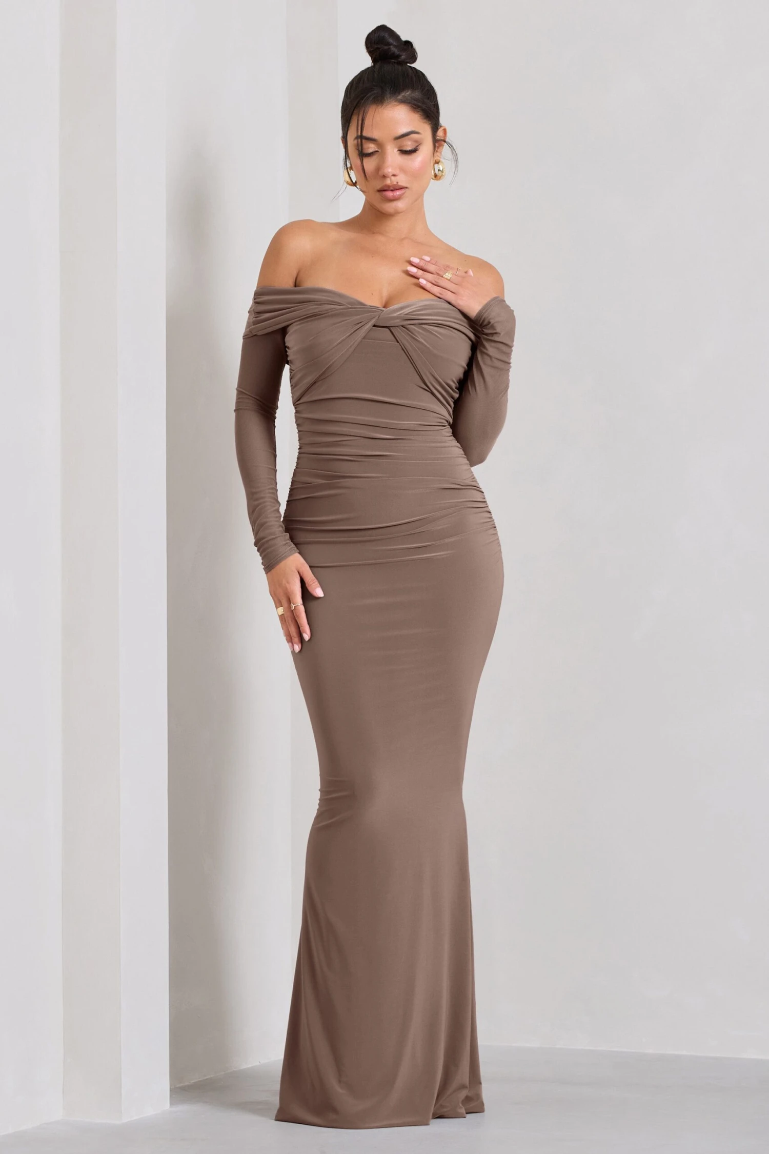 Alex | Mocha Bardot Twist Maxi Dress 3 Alex | Mocha Bardot Twist Maxi Dress