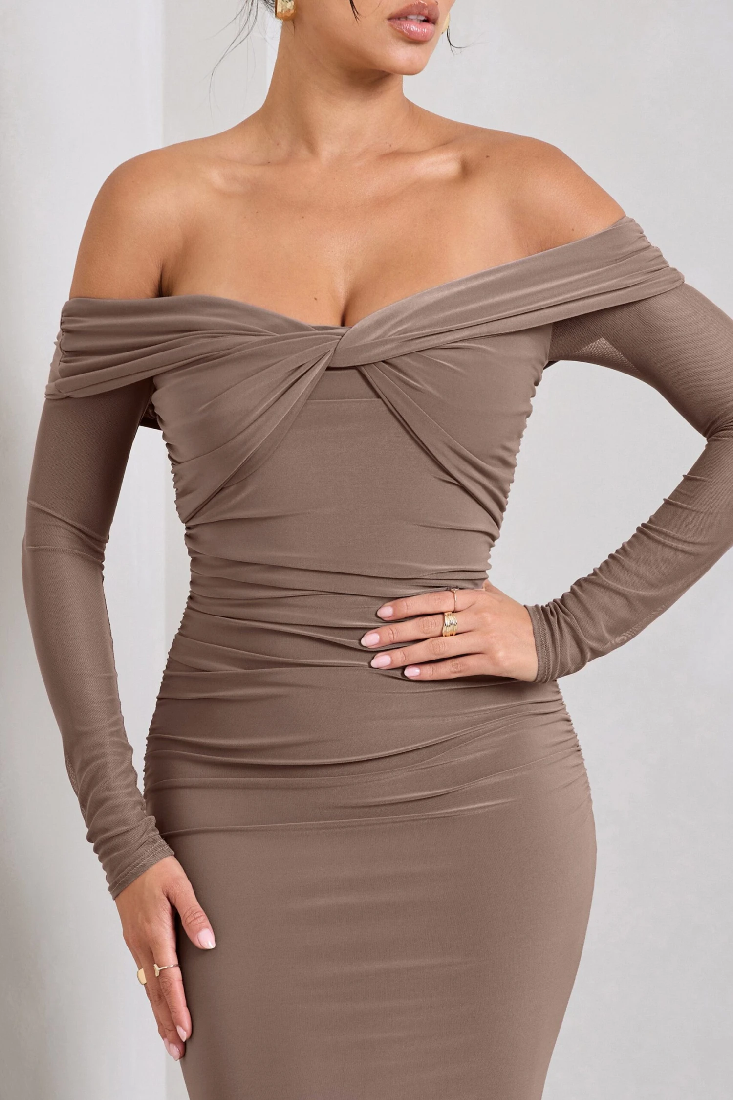 Alex | Mocha Bardot Twist Maxi Dress 5 Alex | Mocha Bardot Twist Maxi Dress - Image 3