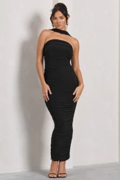 Entranced | Black Ruched Bandeau Maxi Dress With Halter Collar
