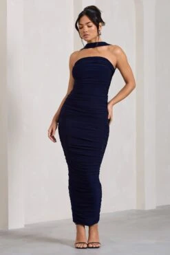 Entranced | Navy Ruched Bandeau Maxi Dress With Halter Collar -Sangyong Store WB CL128983015 Entranced NavyRuchedBandeauMidiDressWithHalterCollar2
