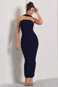 Entranced | Navy Ruched Bandeau Maxi Dress With Halter Collar -Sangyong Store WB CL128983015 Entranced NavyRuchedBandeauMidiDressWithHalterCollar4