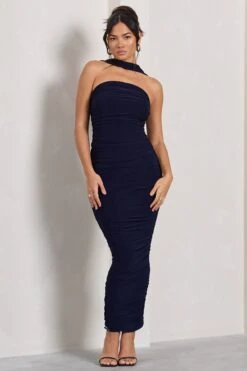 Entranced | Navy Ruched Bandeau Maxi Dress With Halter Collar -Sangyong Store WB CL128983015 Entranced NavyRuchedBandeauMidiDressWithHalterCollar5