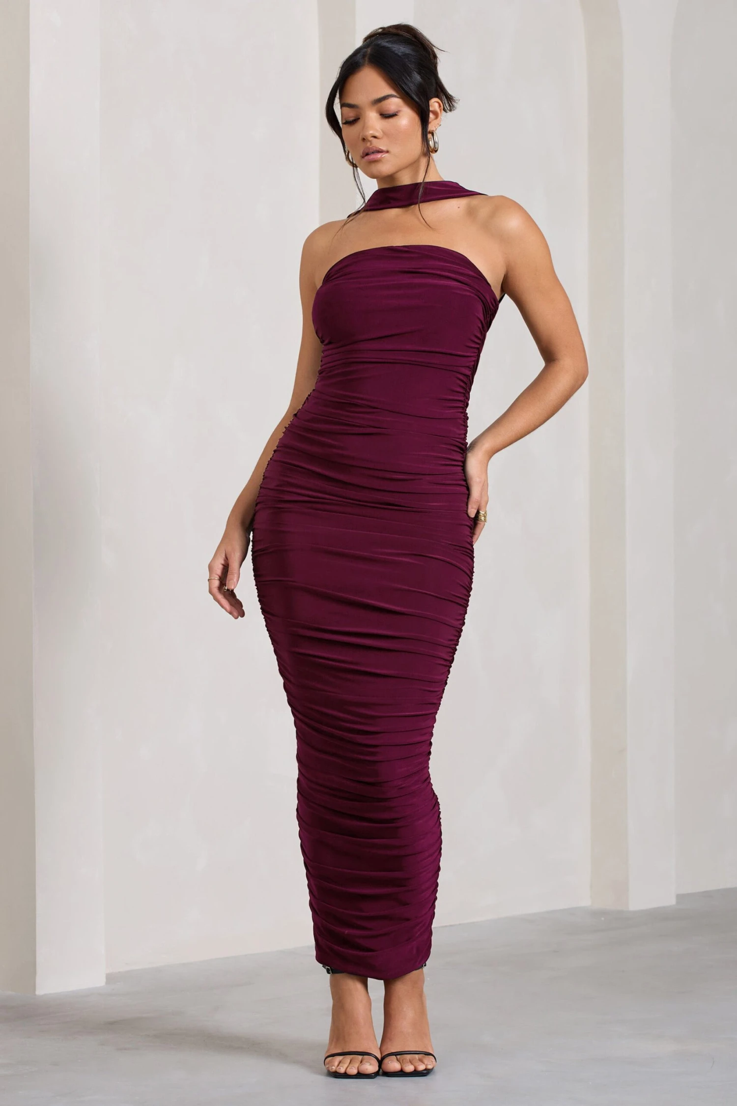 Entranced | Burgundy Ruched Bandeau Maxi Dress With Halter Collar 6 Entranced | Burgundy Ruched Bandeau Maxi Dress With Halter Collar - Image 4