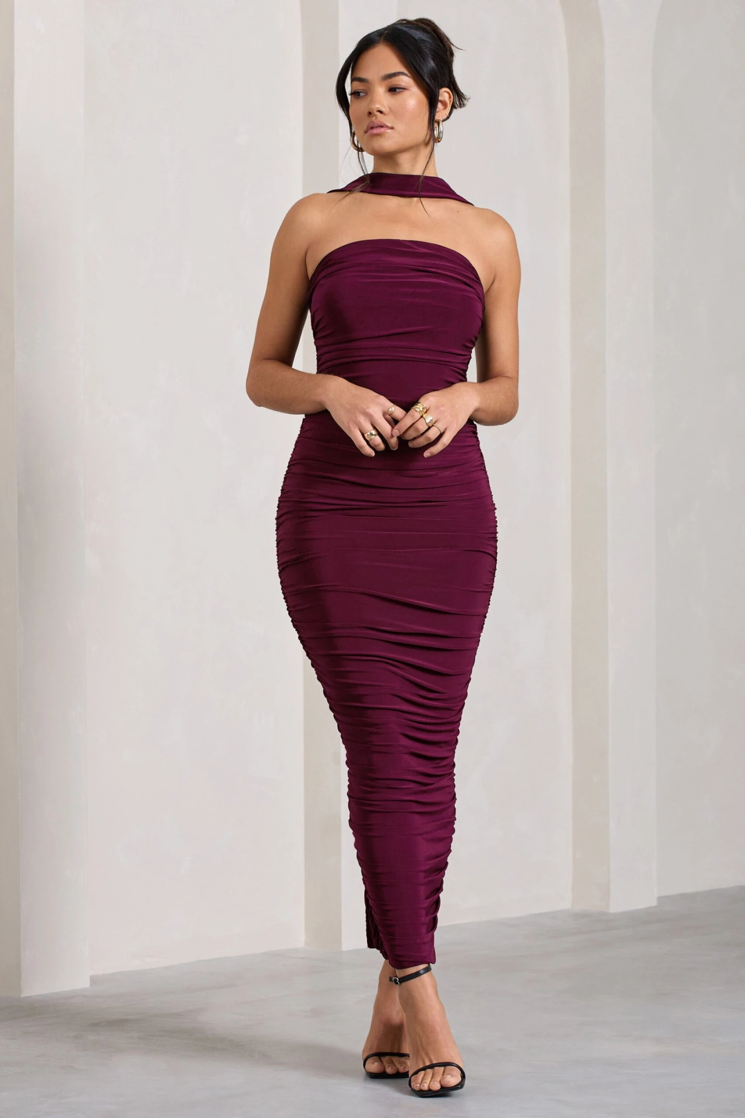 Entranced | Burgundy Ruched Bandeau Maxi Dress With Halter Collar 3 Entranced | Burgundy Ruched Bandeau Maxi Dress With Halter Collar